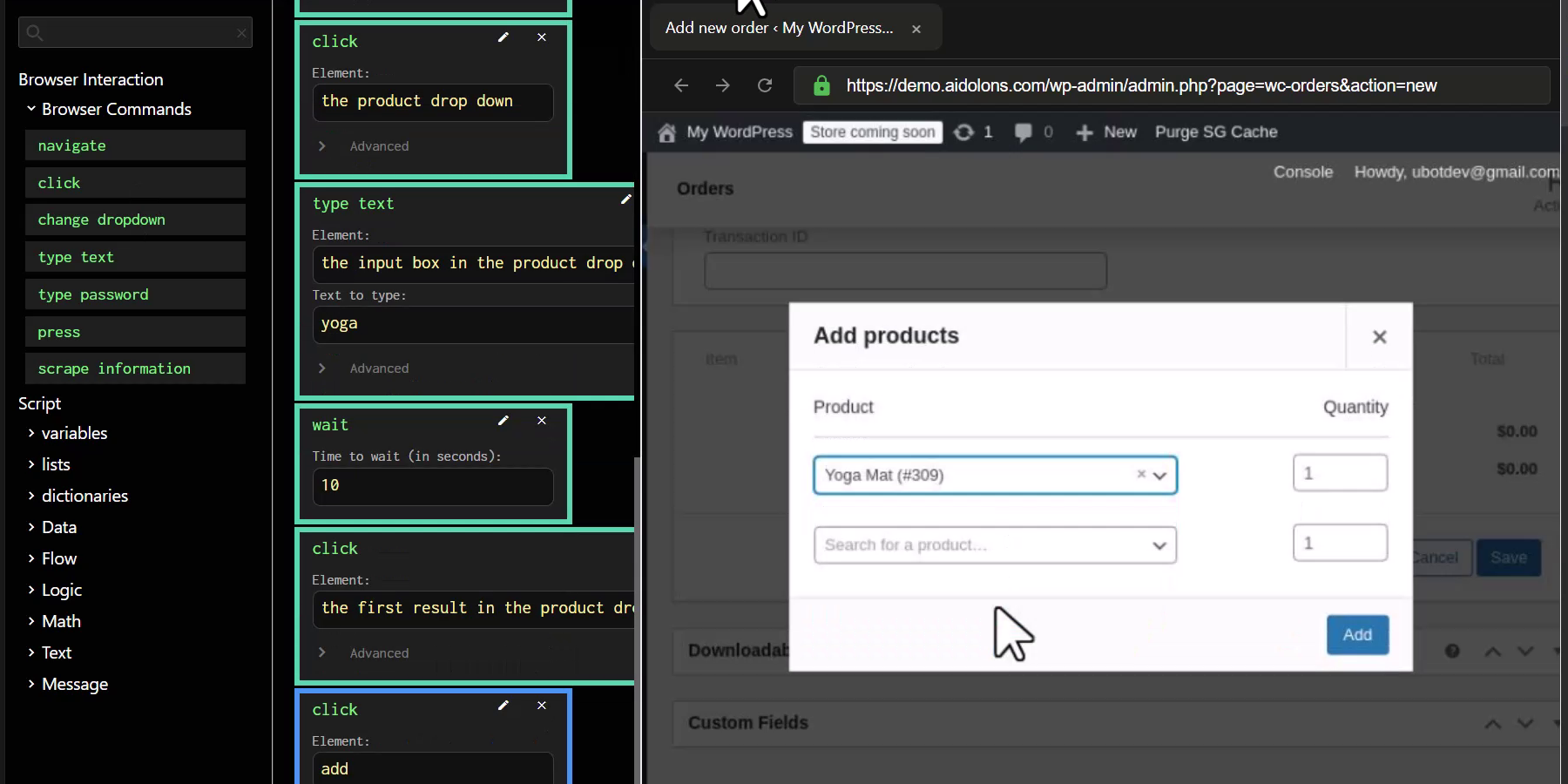 Aidolons Flow Editor showing drag-and-drop blocks automating an order creation screen